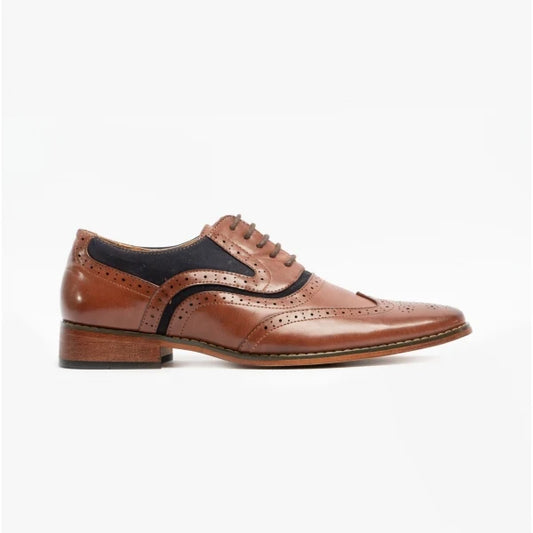 Kids Grant Brogue Shoe in Tan/Navy