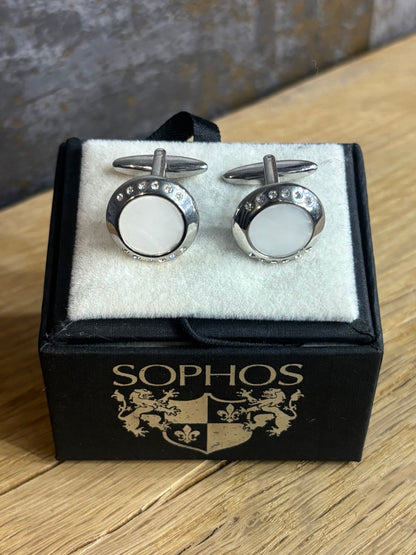 Round Silver Cufflinks With White Inlay