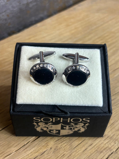 Round Silver Cufflinks With Black Inlay