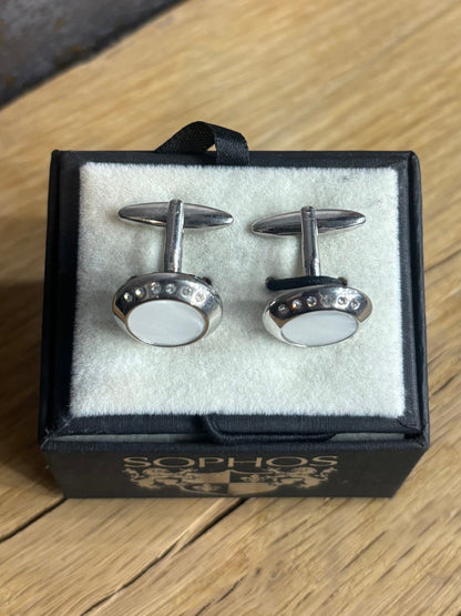 Round Silver Cufflinks With White Inlay